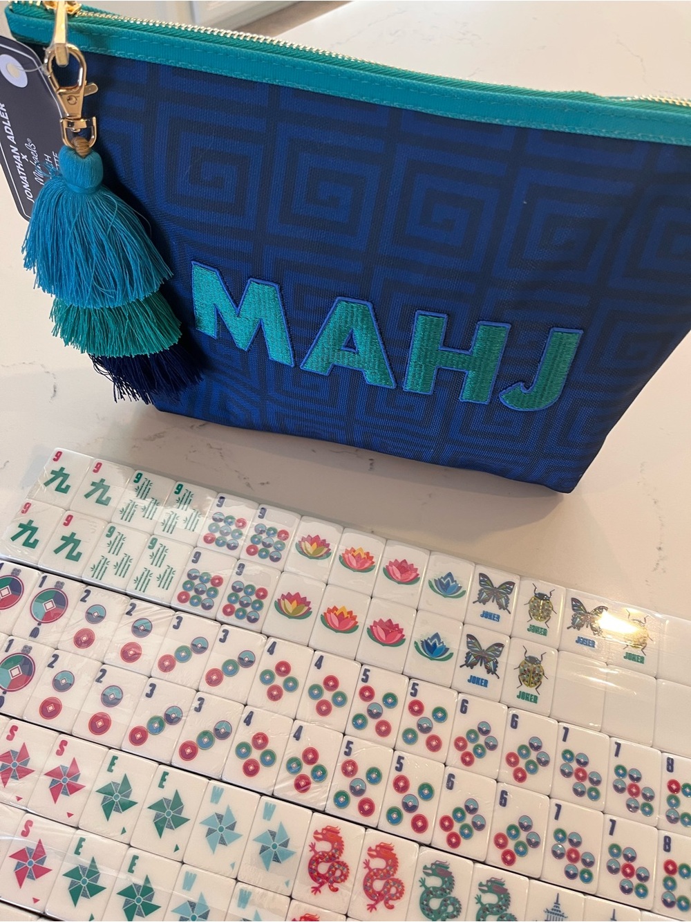 NWT Jonathan Adler Mahjong Tile Set w/ Matching Tassel Tile Bag Blue Teal & Dice - Picture 9 of 12